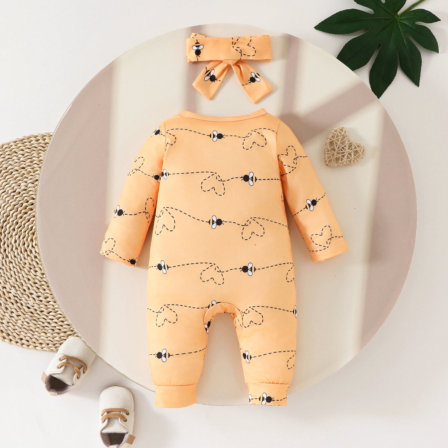 New baby zipper onesie full print long sleeve long leg crawler four seasons wear baby girl onesie headband