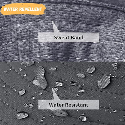 Close-up of water repellent and sweat band text on a textured fabric surface.