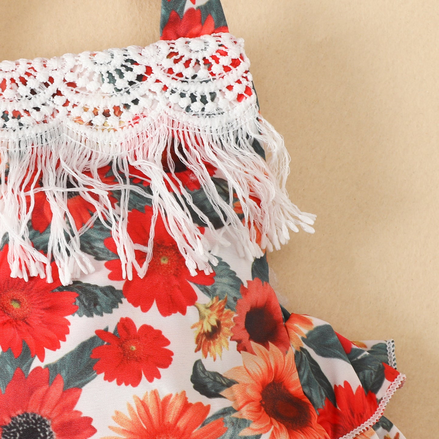 Infant and toddler sling triangle romper 0-1 year old baby big red flower lace fart clothes casual cute crawling clothes