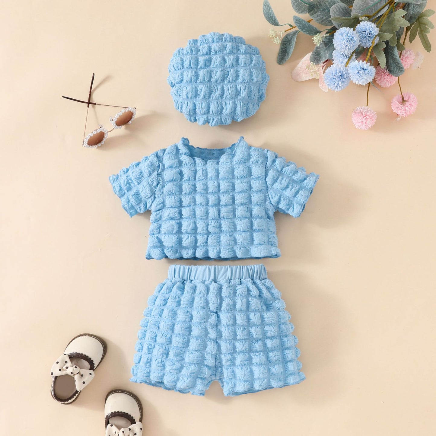 Fashion baby girl bubble fabric summer short-sleeved top + shorts + beret set sweet short clothing