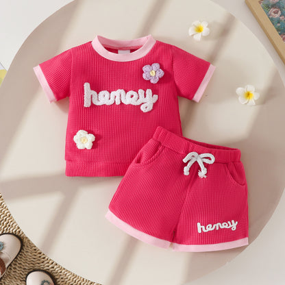 Toddler Girls Summer Waffle Towel Embroidered Flower Short Sleeve Top Pocket Decoration Shorts Two-piece Set