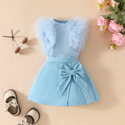 Girls baby sweet summer mesh striped sleeveless top solid color bow skirt suit