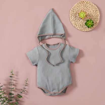 Detachable hood short-sleeved solid color triangle jumpsuit romper suit