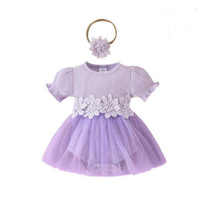 Sweet baby girl lantern short-sleeved ribbed triangle romper mesh skirt candy color girl flower dress