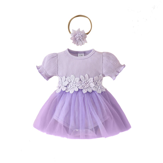 Sweet baby girl lantern short-sleeved ribbed triangle romper mesh skirt candy color girl flower dress