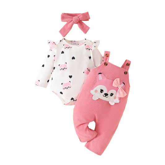 Baby Cute Fox Heart Pattern Long Sleeve Triangle Romper Corduroy Bowknot Bib Pants Set