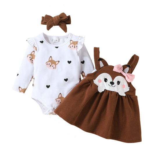Autumn and winter infant and toddler cartoon fox heart print long-sleeved romper bow tie suspender dress set