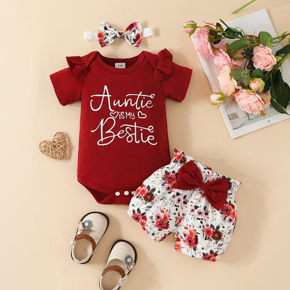 Baby Girl Letter Summer Top Belt Flower Cute Pants Baby Short Sleeve Triangle Romper Shorts Set