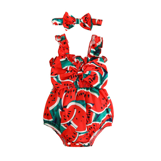 Summer baby watermelon double shoulder strap triangle romper baby bow fruit crawling clothes sleeveless fart clothes