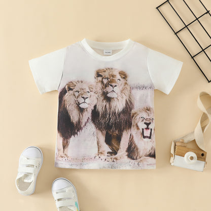 Summer children's short-sleeved T-shirt for boys with letters, cartoon bear and lion, one-piece top, cotton round neck, white short T