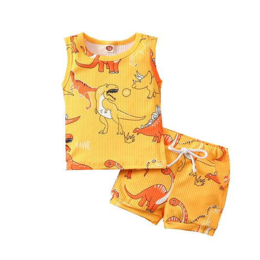 Baby vest shorts suit boy girl dinosaur striped sleeveless top shorts two-piece suit
