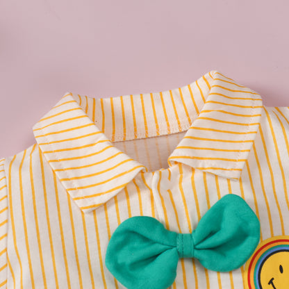 Bow tie gentleman lapel smiley face striped romper short sleeve jumpsuit