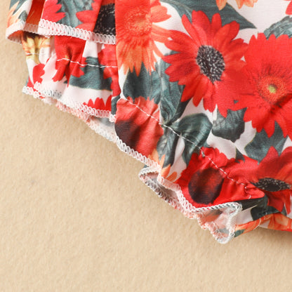Infant and toddler sling triangle romper 0-1 year old baby big red flower lace fart clothes casual cute crawling clothes