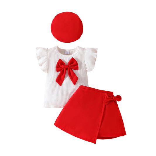 Toddler Girl Sleeveless Ruffled Big Bow White Ribbed Top Decorated Lace-up Skirt Set