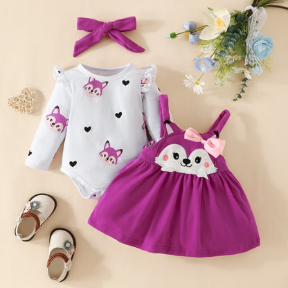Autumn and winter infant and toddler cartoon fox heart print long-sleeved romper bow tie suspender dress set