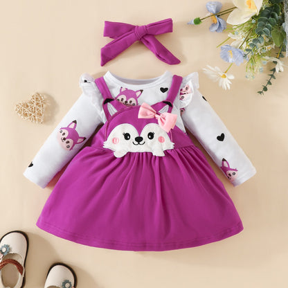 Autumn and winter infant and toddler cartoon fox heart print long-sleeved romper bow tie suspender dress set