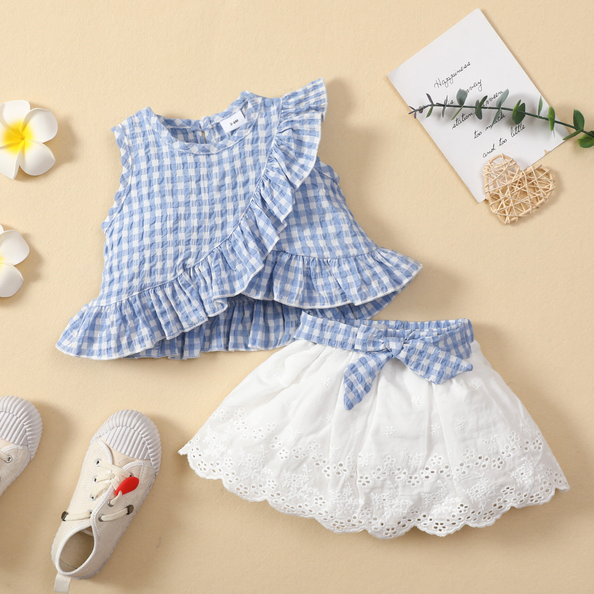 Baby Sleeveless Ruffle Plaid Top Bow Embroidered Skirt Suit Girls