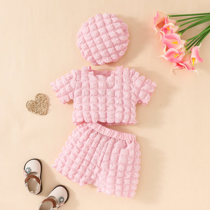 Fashion baby girl bubble fabric summer short-sleeved top + shorts + beret set sweet short clothing
