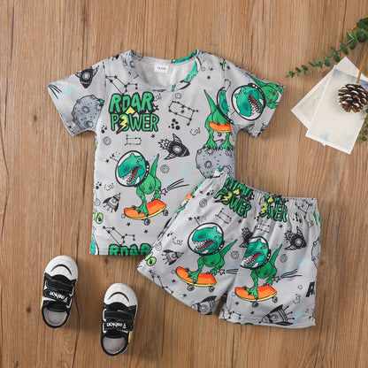 Toddler boy's dinosaur cartoon print letter short-sleeved pullover shorts suit