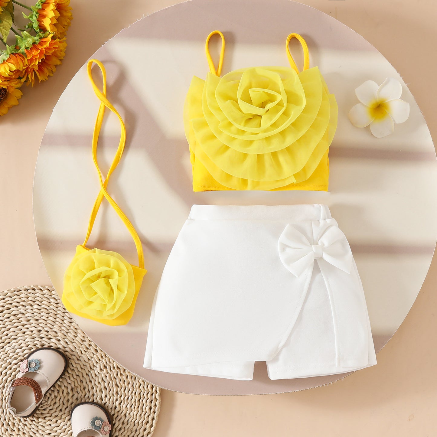 Baby Girls Mesh Flower Short Suspender Top + Fake Split Shorts Skirt + Small Bag Summer Set