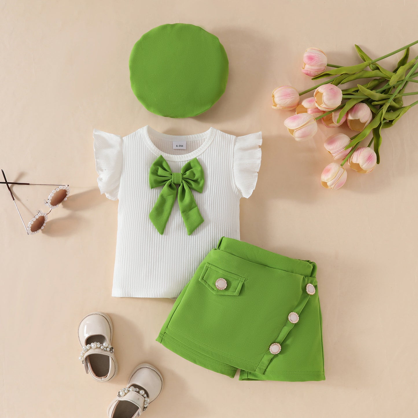 Toddler Girl Sleeveless Ruffled Big Bowknot Ribbed Top Fake Purse Skirt Pants Hat Set