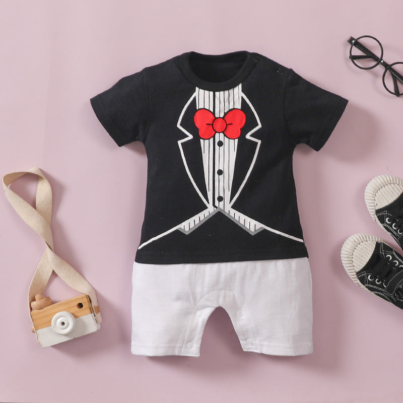 Infant Boys Bow Tie Lapel Splicing Romper Short Sleeve One-Piece Suit