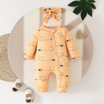 New baby zipper onesie full print long sleeve long leg crawler four seasons wear baby girl onesie headband