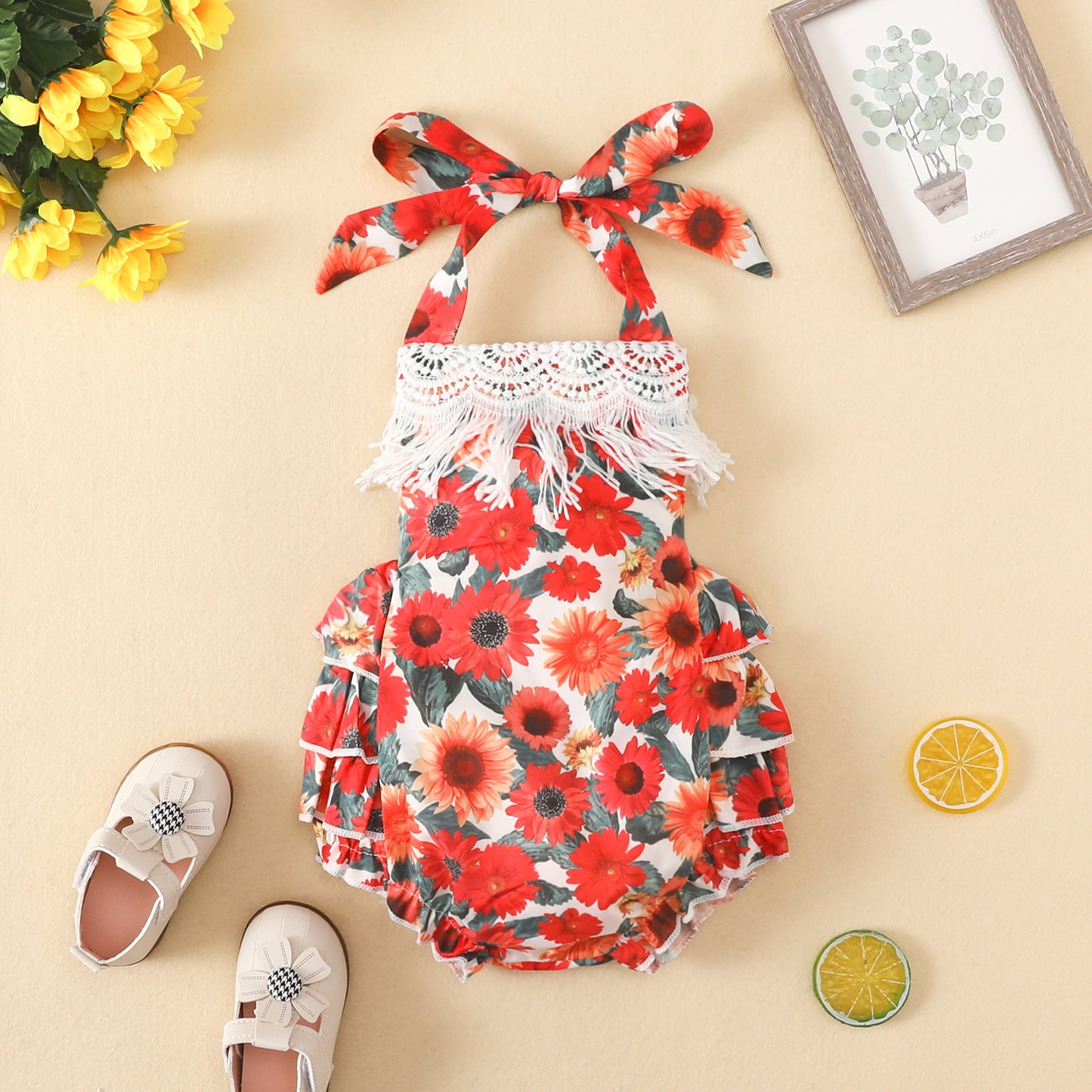 Infant and toddler sling triangle romper 0-1 year old baby big red flower lace fart clothes casual cute crawling clothes