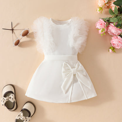 Girls baby sweet summer mesh striped sleeveless top solid color bow skirt suit