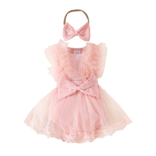 Summer baby mesh one-piece triangle romper dress sweet style baby girl bow sleeveless one-piece dress headband