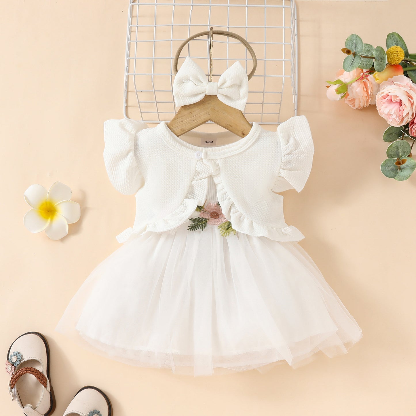Toddler Girls Sleeveless Cropped Top Mesh Dress Set Sweet Girls Applique Skirt Lace Jacket