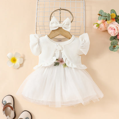 Toddler Girls Sleeveless Cropped Top Mesh Dress Set Sweet Girls Applique Skirt Lace Jacket