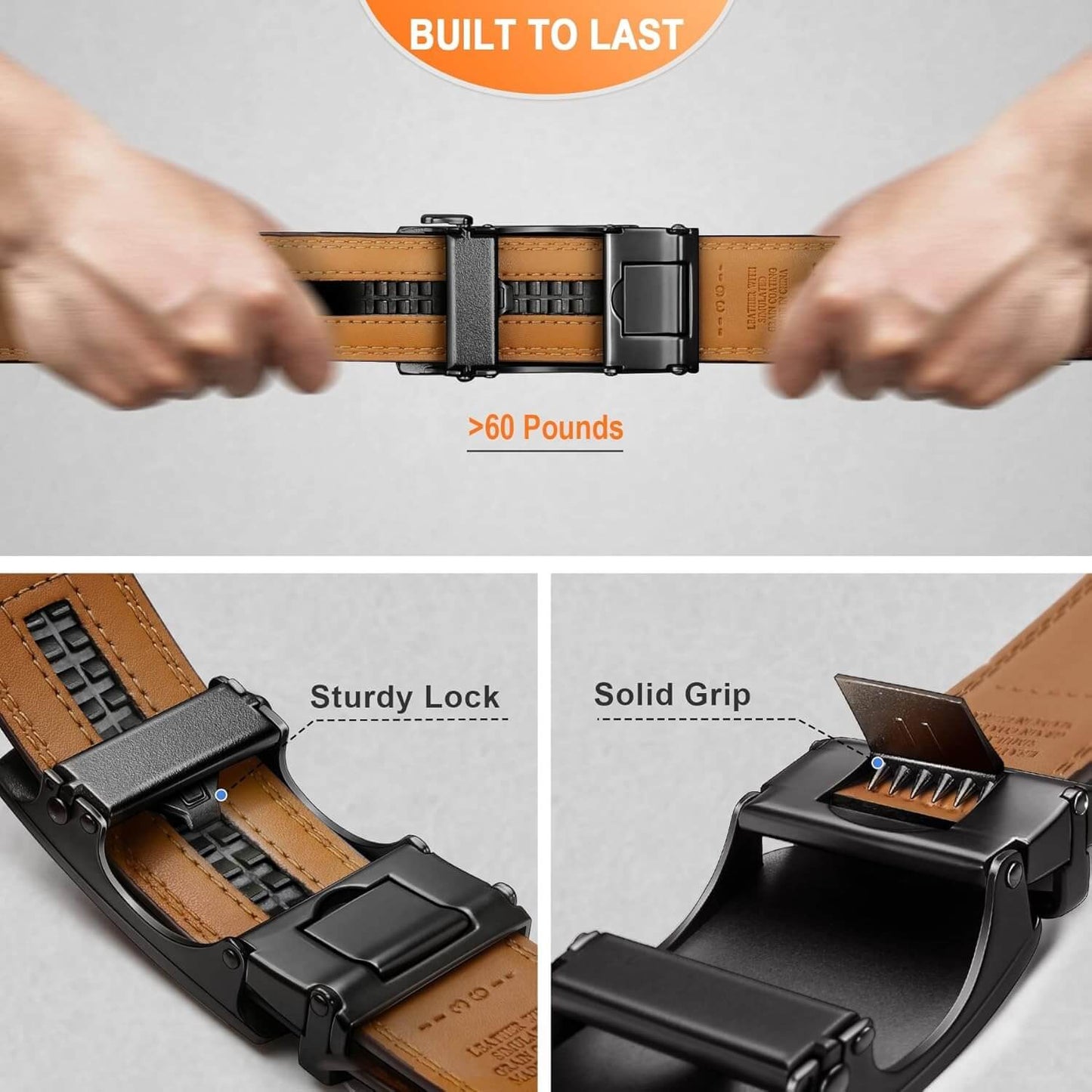 Belt with a sturdy lock and solid grip feature, showing durability and strength.