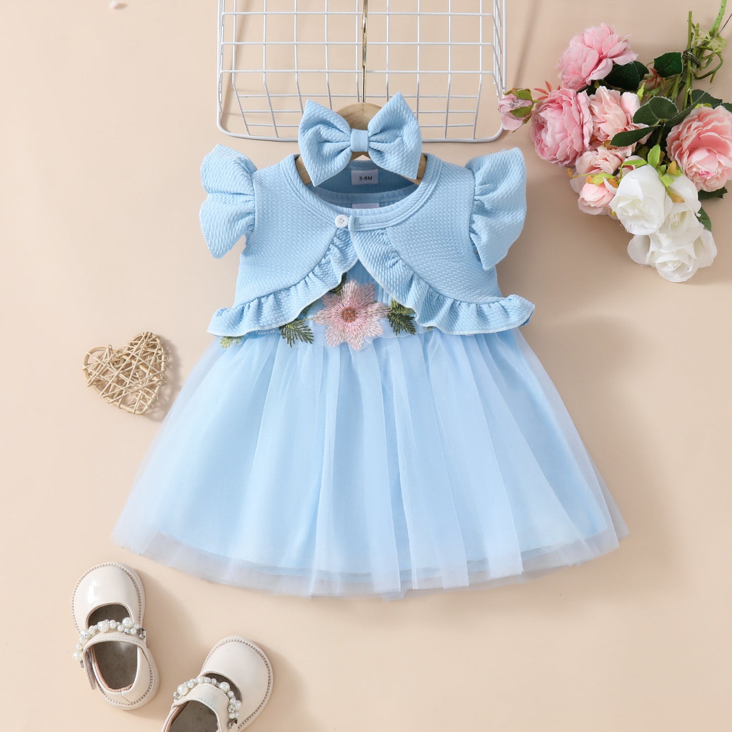 Toddler Girls Sleeveless Cropped Top Mesh Dress Set Sweet Girls Applique Skirt Lace Jacket