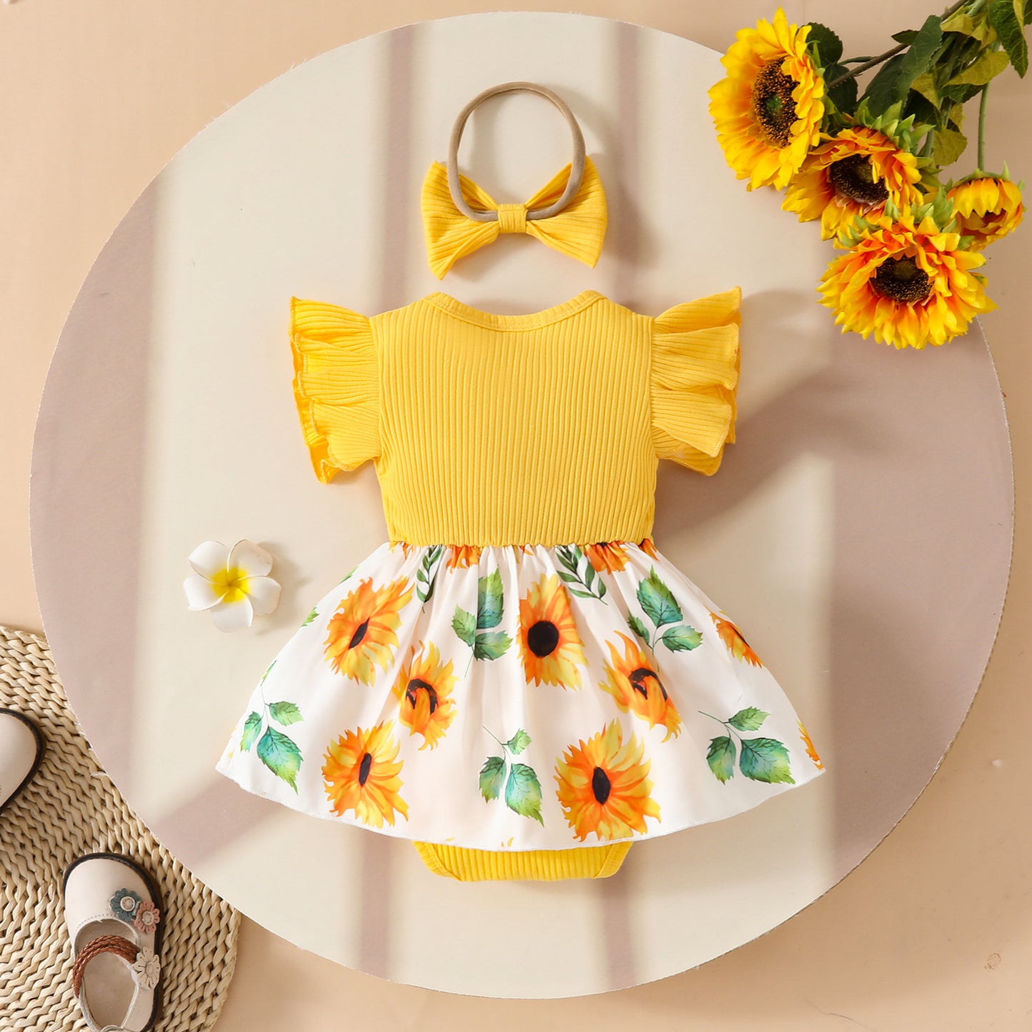 Baby Girl Summer Sleeveless Pit Stripe Applique Floral Print Romper Dress Baby Casual Dress