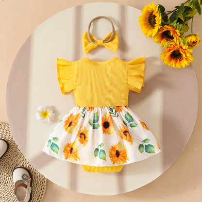 Baby Girl Summer Sleeveless Pit Stripe Applique Floral Print Romper Dress Baby Casual Dress
