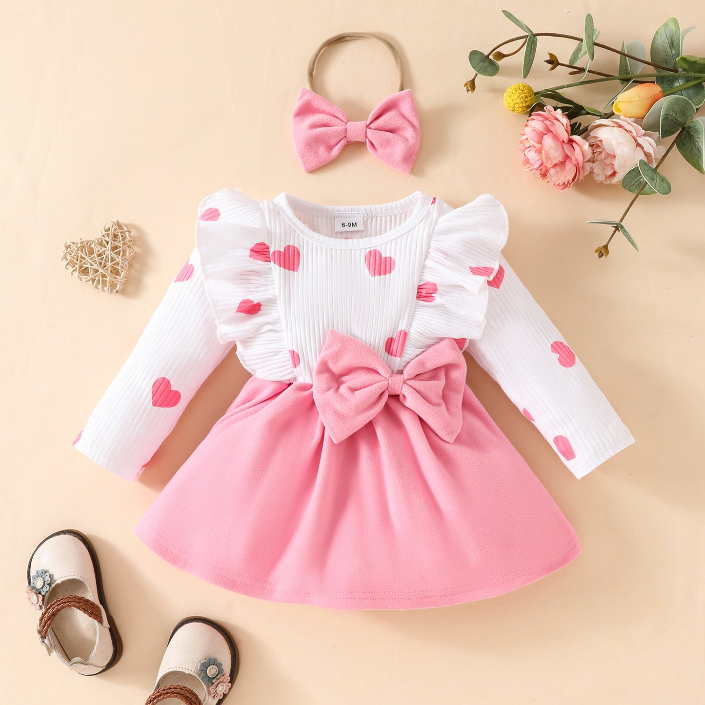 Baby long-sleeved dress for toddler girl long-sleeved heart bow skirt spring and autumn sweet skirt