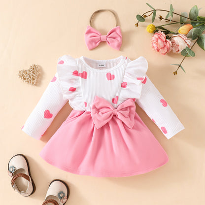 Baby long-sleeved dress for toddler girl long-sleeved heart bow skirt spring and autumn sweet skirt