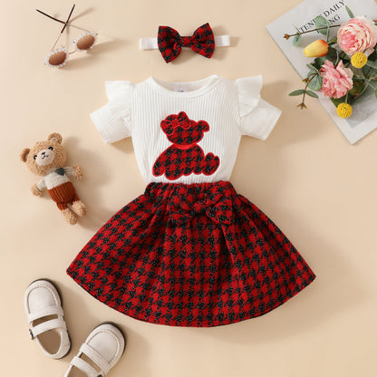 Baby short-sleeved skirt suit for girls with embroidered cute bear romper with gold silk skirt