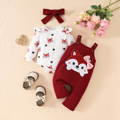 Baby Cute Fox Heart Pattern Long Sleeve Triangle Romper Corduroy Bowknot Bib Pants Set