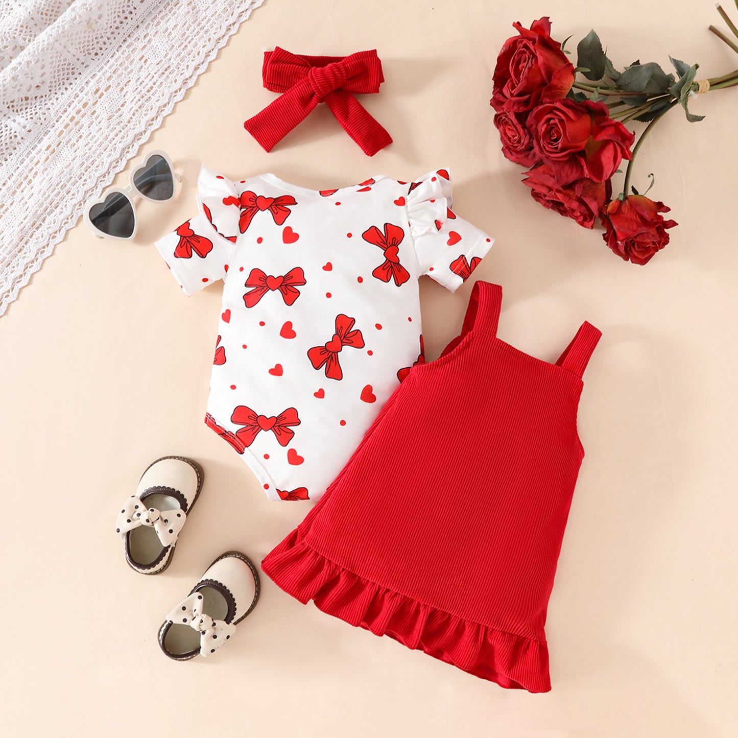 Summer sweet girl bow print short-sleeved triangle romper corduroy bear cub suspender skirt three-piece set