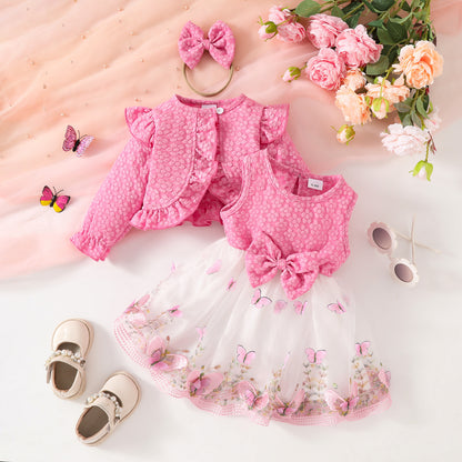 Sweet Girls Long Sleeve Short Jacket Sleeveless Butterfly Shape Lace Mesh Dress Autumn and Winter Dress Set