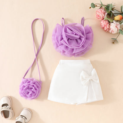 Baby Girls Mesh Flower Short Suspender Top + Fake Split Shorts Skirt + Small Bag Summer Set