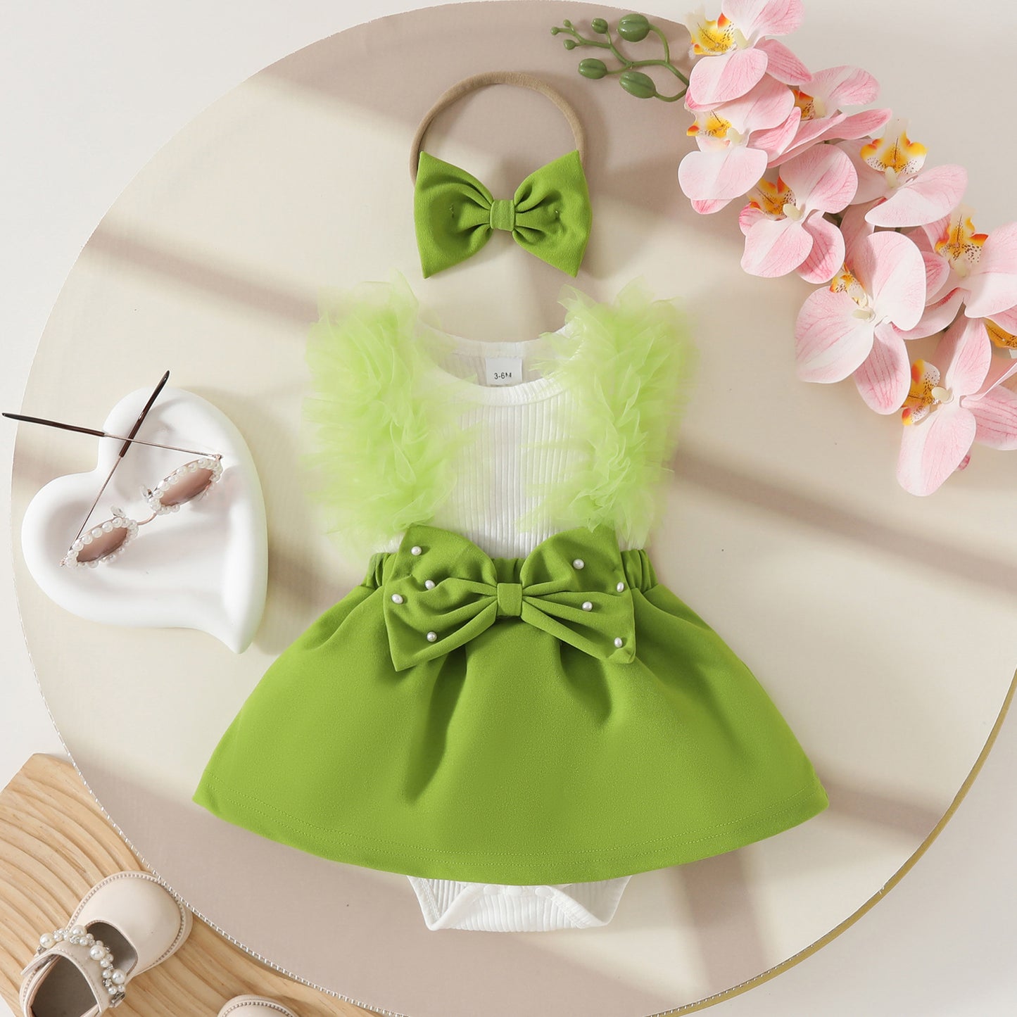 Sweet summer sleeveless mesh big bow triangle dress 0-1 year old baby beaded jumpsuit dress