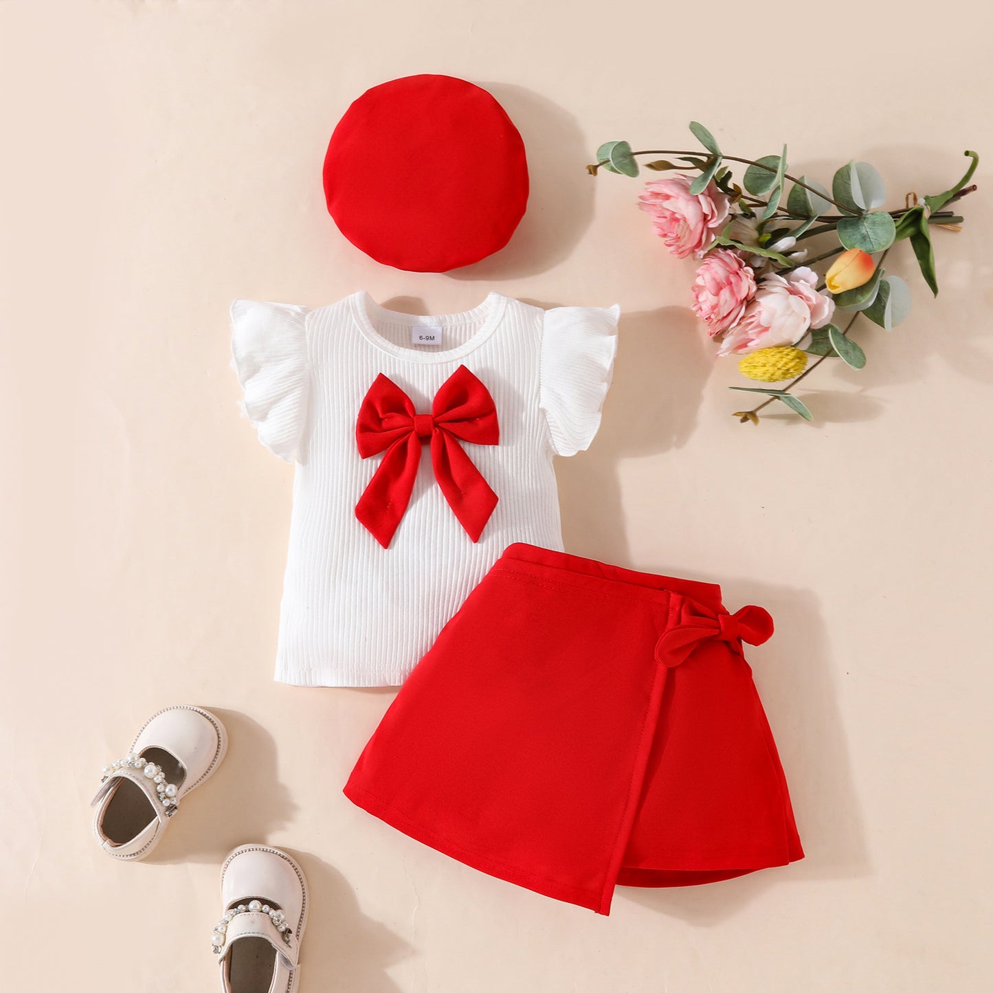 Toddler Girl Sleeveless Ruffled Big Bow White Ribbed Top Decorated Lace-up Skirt Set