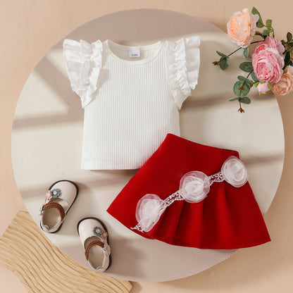 Girls Sweetheart Lace Flower Sweet Sleeveless Ribbed Top Simple A-Line Pleated Skirt Set