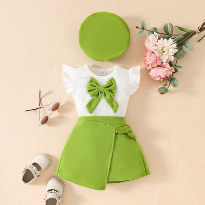 Toddler Girl Sleeveless Ruffled Big Bow White Ribbed Top Decorated Lace-up Skirt Set