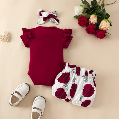 Baby Short Sleeve Triangle Romper Shorts Set Baby Girl Letter Summer Top Belt Flower Cute Pants