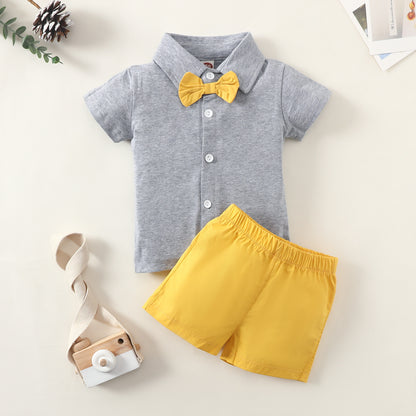 Summer cross-border infant boy gentleman lapel bow single-breasted top solid color shorts suit