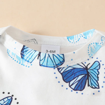 Summer baby girl butterfly heart pattern short-sleeved triangle romper corduroy bow shorts three-piece suit